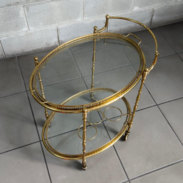 Vintage Brass Glass Food Cart in the style of Maison Jansen, 1960s For Sale - Image 6 of 15