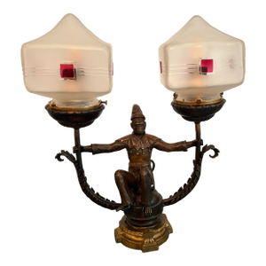 1920’s Brass Monkey Lamp With Frosted Geometric Shades
