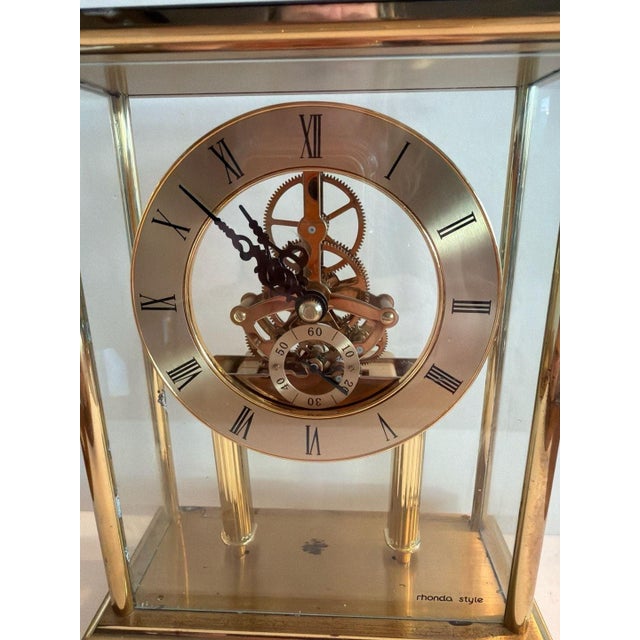 Mid-Century Modern Late 20th Century Rhonda Style Brass Skeleton Movement Mantel Clock with Corporate Commemorative P For Sale - Image 3 of 6