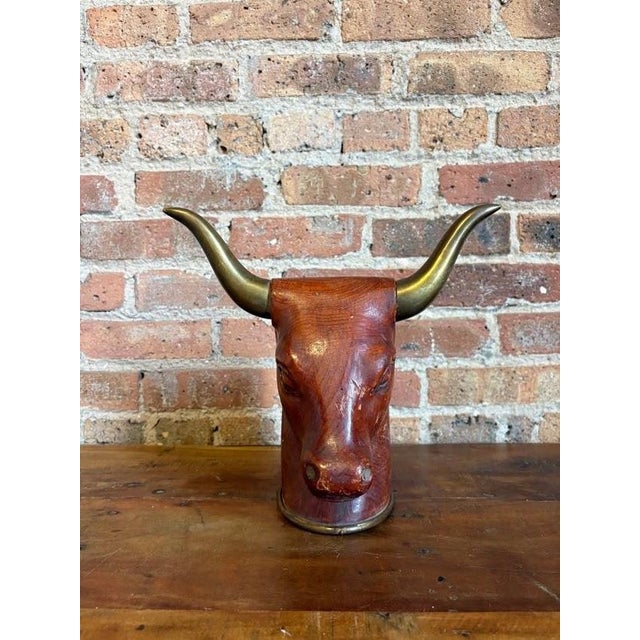 Wood Mid 20th Century Modern Carved Wood Bull Bust Sculpture With Brass Horns For Sale - Image 7 of 13