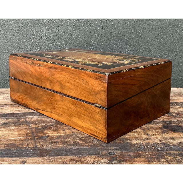 Victorian Vintage Wood Inlay Writing Desk With Inkwells For Sale - Image 3 of 14
