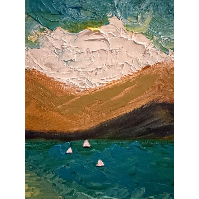 Original 2025 landscape painting signed “L. Romo ’25” at the lower right. This colorful scene depicts a small lakeside...