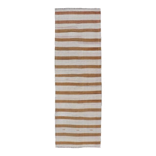 Mid 20th Century Vintage Turkish Kilim Rug With Horizontal Stripes in Brown and Cream For Sale