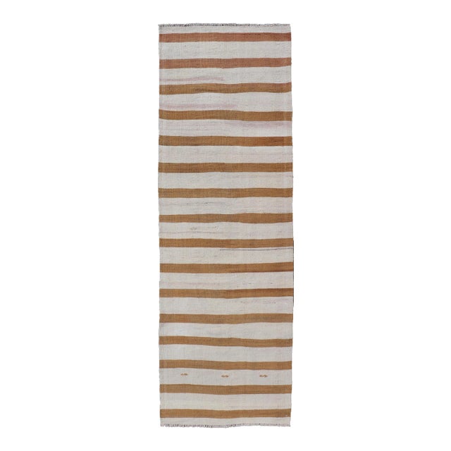 Mid 20th Century Vintage Turkish Kilim Rug With Horizontal Stripes in Brown and Cream For Sale