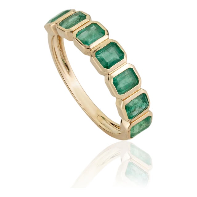 1.61ct Octagon Cut Emerald Bezel Set Stackable Band Ring Size 6.5 in 14k Gold For Sale