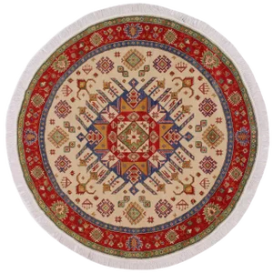 1990s Shabby Chic Tribal Kazak Red Wool Round - 6′5″ × 6′6″