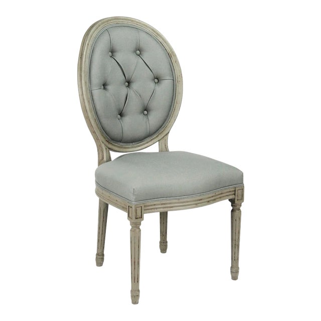 Everest Medallion Tufted Back Side Chair in Sage Linen For Sale