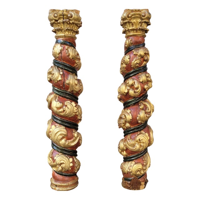 Solomonic Columns in Carved, Gilded and Polychrome Wood, 18th Century, Set of 2 For Sale