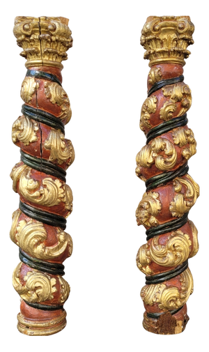 Solomonic Columns in Carved, Gilded and Polychrome Wood, 18th Century, Set of 2