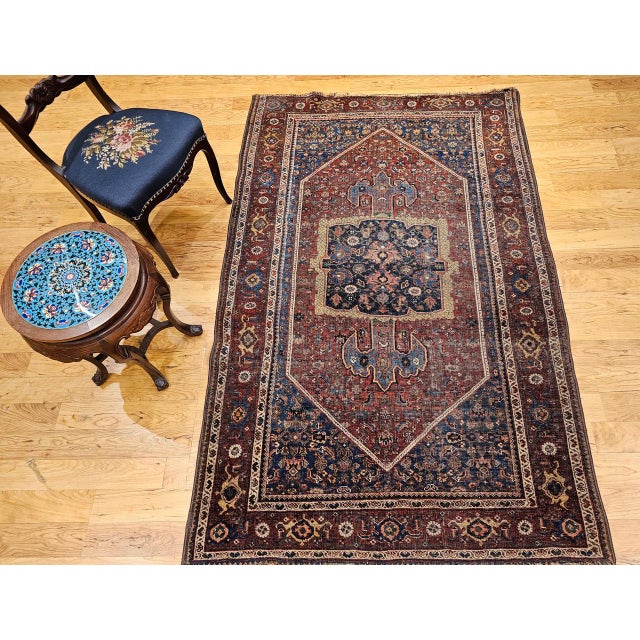 19th Century Persian Bidjar Rug, Hand-Knotted Wool, Geometric Herati Pattern, Burgundy & Blue, 5x7 For Sale - Image 10 of 18