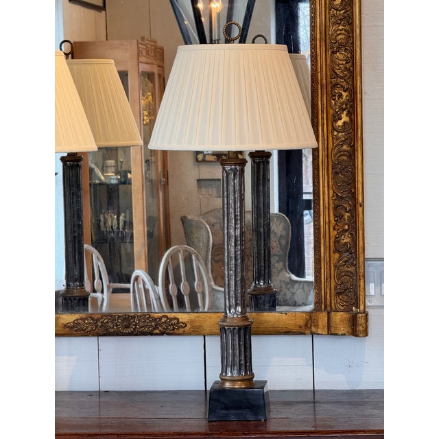 1950s Metal Column Table Lamps in Bronze and Silver - a Pair For Sale - Image 6 of 13