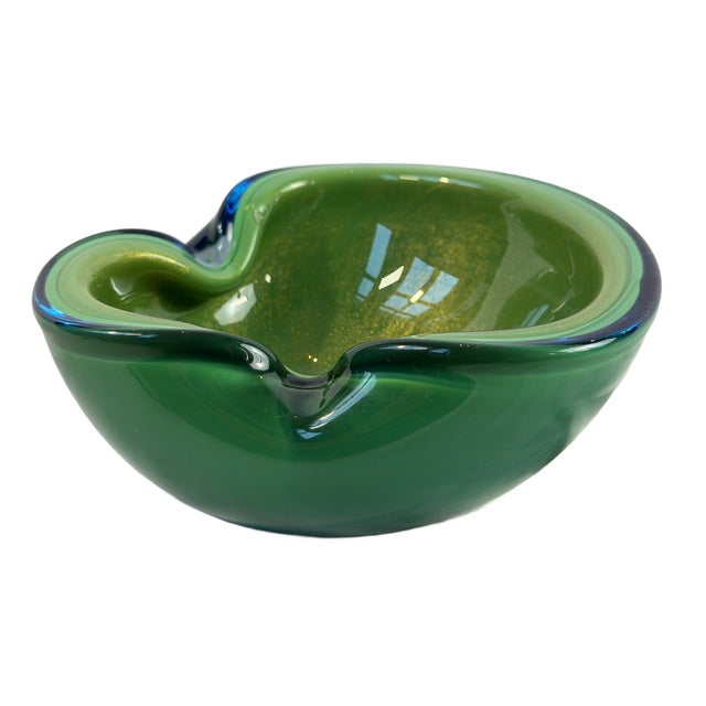 Mid 20th Century Green Murano-Style Art Glass Bowl With Gold Aventurine For Sale In Houston - Image 6 of 10
