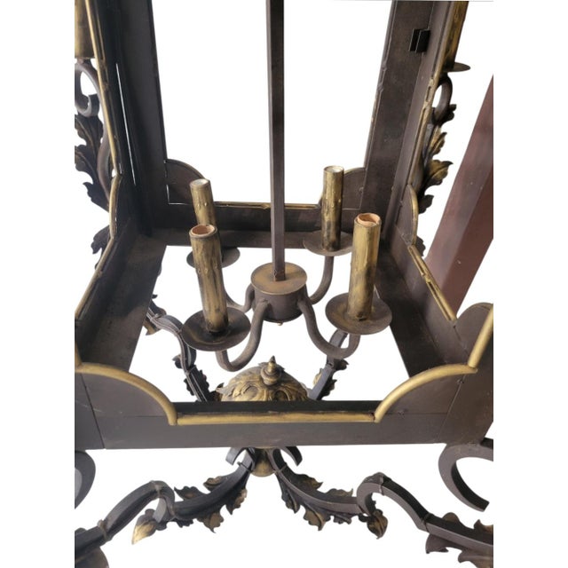 Chocolate Huge Vintage Florentine Gold Gilt & Dark Iron Acanthus Leaf 8-Light Lantern Chandelier For Sale - Image 8 of 9
