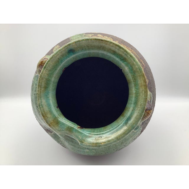 Vintage Japanese Art Glazed Teal and Textured Brown Brutalist Pottery Vase For Sale - Image 4 of 8