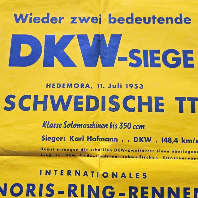 Original Poster DKW Motorcycle Victories Swedish Tt., 1953, in Very Good conditions. Designed 1950 to 1959