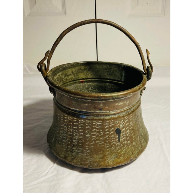 Metal Antique Middle Eastern Copper With Tin Overlay Bucket Elaborate Etched Pattern Solid Iron Loop Handle Ending With Serpent Heads For Sale - Image 7 of 12