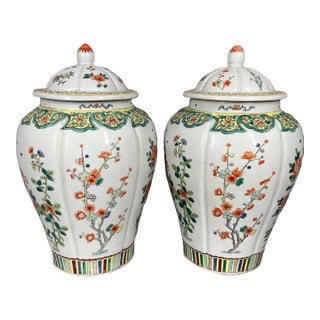 Mid-20c Chinese Famille Verte Green Porcelain Vases Pair 2pc For Sale