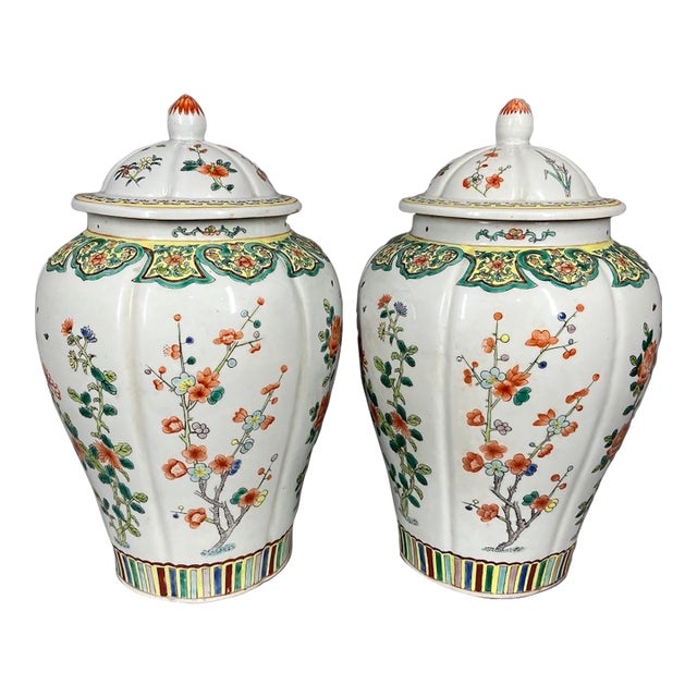 Mid-20c Chinese Famille Verte Green Porcelain Vases Pair 2pc For Sale