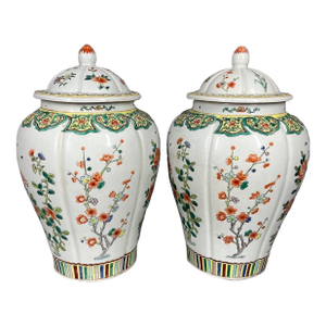 Mid-20c Chinese Famille Verte Green Porcelain Vases Pair 2pc