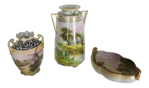 Nippon Hand-Painted Porcelain Vases and Bowl - Set of 3