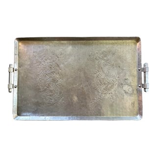 Vintage Xl Mid Century World Hand Forged Aluminum Tray With Etched Leaf Motif For Sale