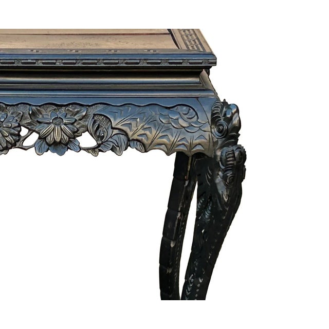 Black Vintage Chinese Black Relief Floral Carving Apron Claw Legs Side Console Table For Sale - Image 8 of 12