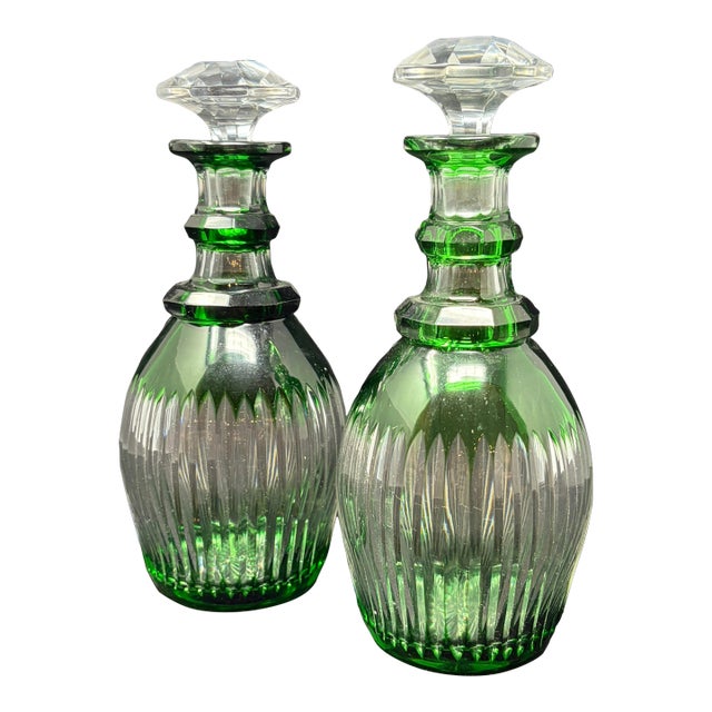 Late 19th Century Emerald Green Cut to Clear Crystal Decanters, Pair For Sale