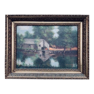 Antique Framed Oil Painting on Canvas Landscape With an Old Barn For Sale