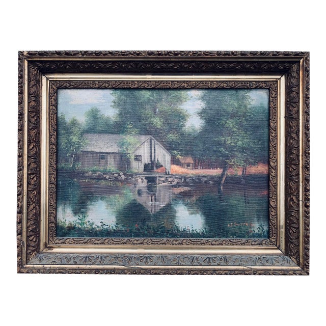 Antique Framed Oil Painting on Canvas Landscape With an Old Barn For Sale