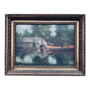 Antique Framed Oil Painting on Canvas Landscape With an Old Barn