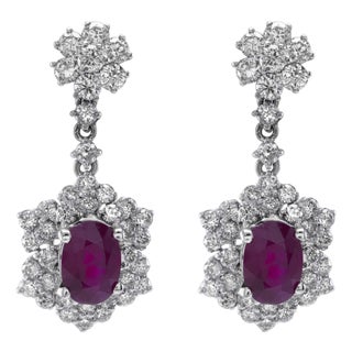 3.84ctt Oval Burmese Ruby & Diamond Drop Necklace 18-Karat White Gold, Pair For Sale