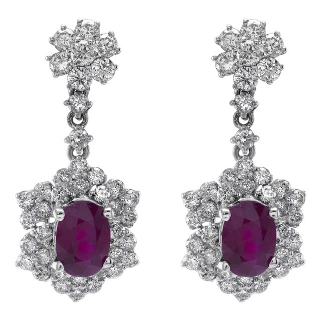 3.84ctt Oval Burmese Ruby & Diamond Drop Necklace 18-Karat White Gold, Pair For Sale
