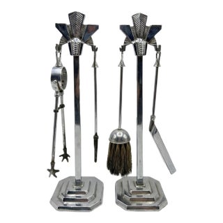 1930s Machine Age Art Deco Fireplace Tool Stands With Tools, a Pair For Sale