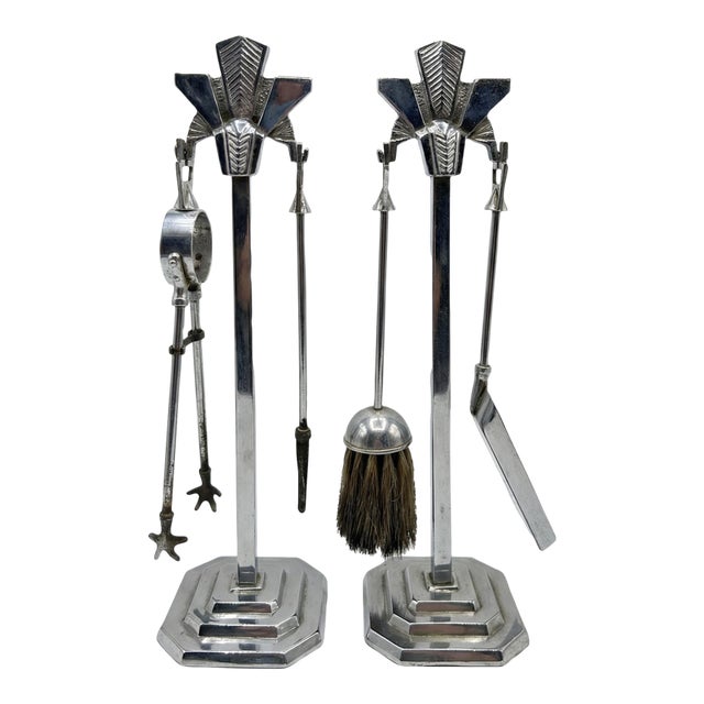 1930s Machine Age Art Deco Fireplace Tool Stands With Tools, a Pair For Sale