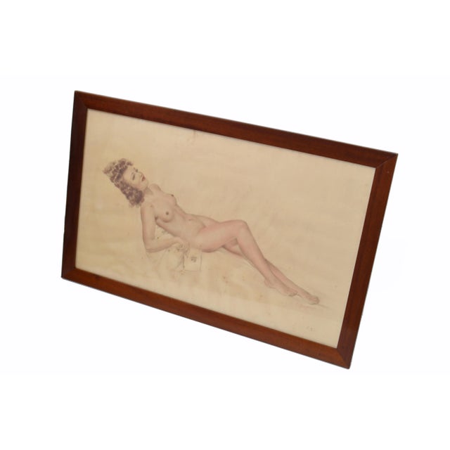 Signed French Neoclassical Framed & Glass Cover Painting Resting Nude Woman 40s For Sale - Image 11 of 12