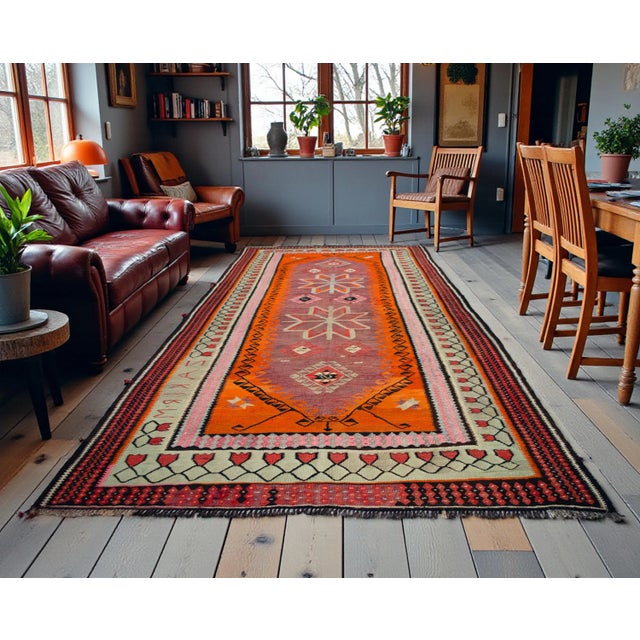 This authentic 1950s Artvin kilim is a striking example of Eastern Black Sea weaving, showcasing the region's strong...