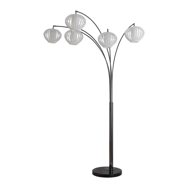 Bloom 5-Light Arc Floor Lamp - Black Nickel, Black Marble Base, White Satin Shade For Sale In Los Angeles - Image 6 of 11