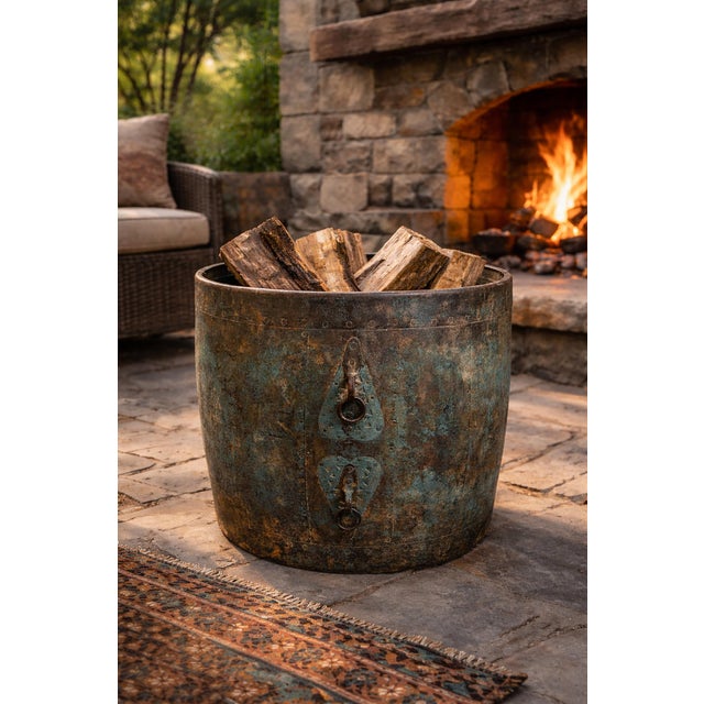 Mid 20th Century Vintage Indian Iron Rustic Worn Blue Barrel For Sale - Image 5 of 5