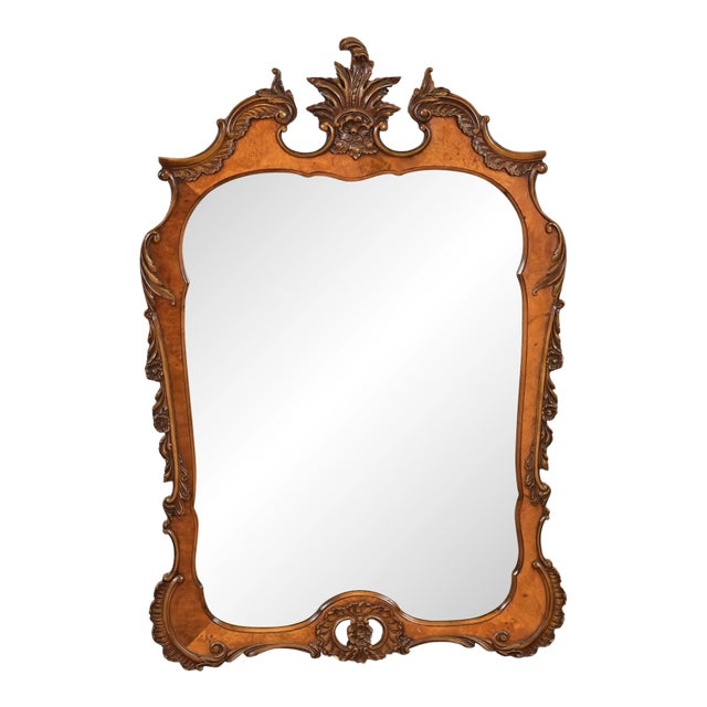 Romweber Antique French Rococo Louis XV Carved Burl Wood Framed Wall Mirror, Circa 1920s For Sale