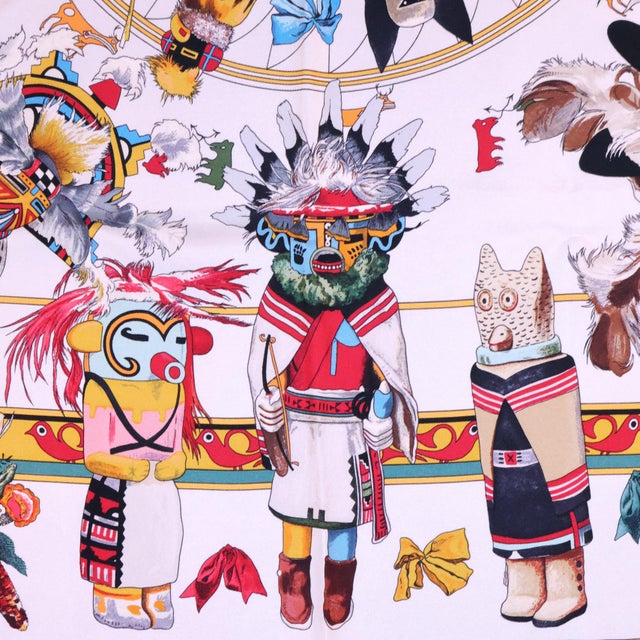 Hermès Hermès "Kachinas" 90cm White & Multi Color Silk Scarf by Kermit Oliver, 2004 For Sale - Image 4 of 8