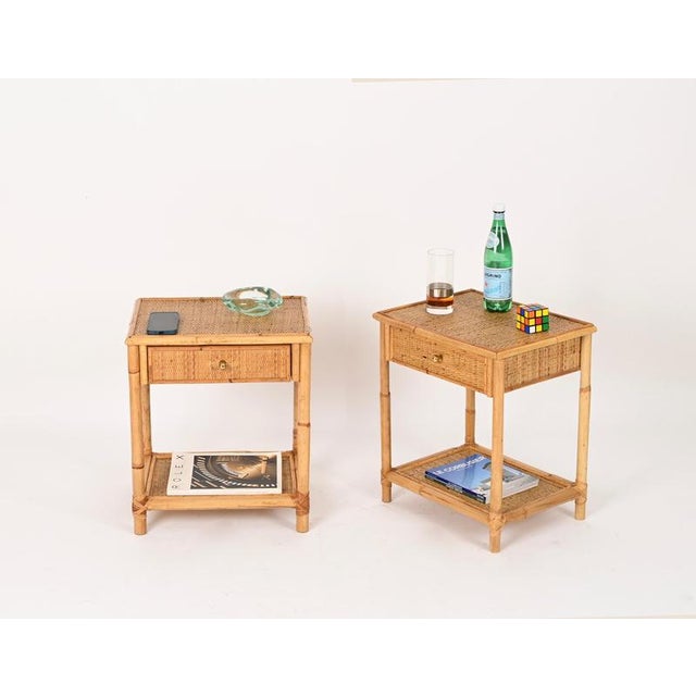 French Riviera Nightstands in Bamboo, Rattan and Brass, Italy, 1970s, Set of 2 For Sale - Image 13 of 16