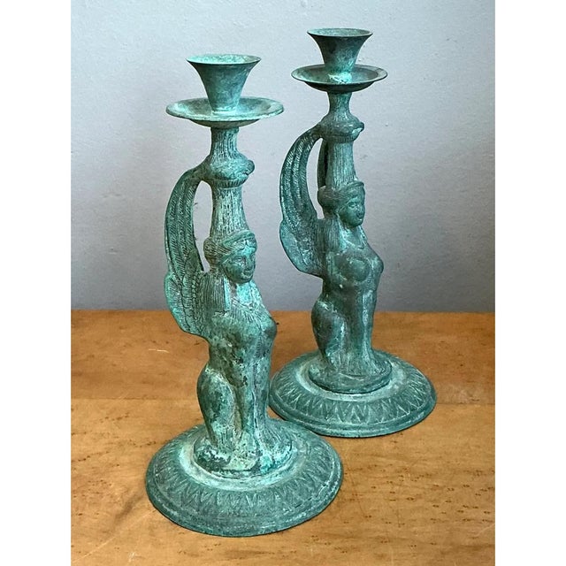 Verdigris Vintage Patinated Metal Winged Sphinx Candelabras - Pair For Sale - Image 8 of 12
