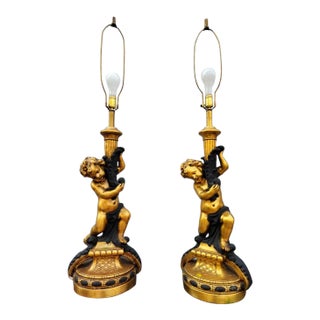 Vintage Cherub/Putti Gilt Table Lamps- Pair For Sale