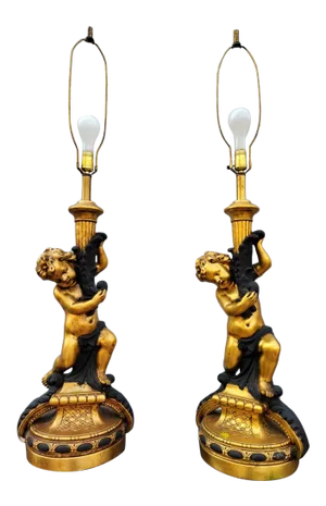 Vintage Cherub/Putti Gilt Table Lamps- Pair