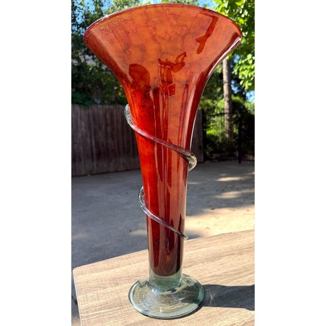 Late 20th Century Hand-Blown 20" Amber Red Art Glass Trumpet Vase Applied Serpentine Spiral For Sale - Image 5 of 18