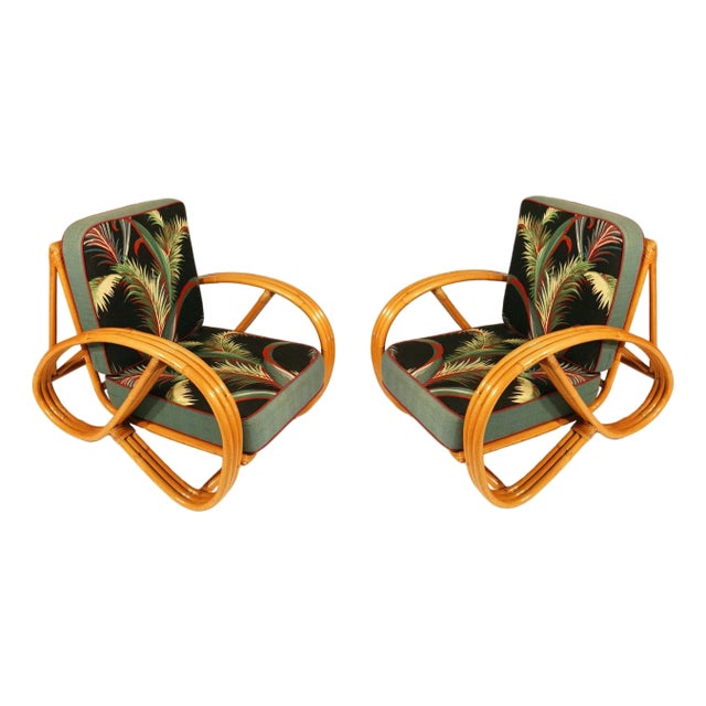 Restored Mid-Century 3-Strand 3/4 Round Pretzel Arm Rattan Lounge Chair, Pair For Sale