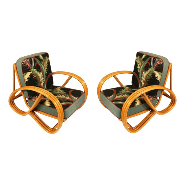 Restored Mid Century Round Pretzel Arm Rattan Chair Set For Sale