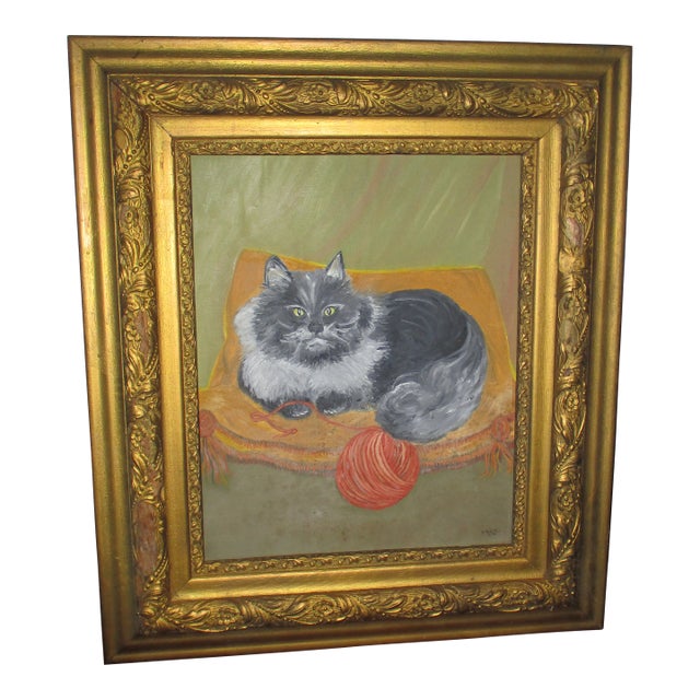 Vintage Signed Oil on Canvas Board Persian Cat on Pillow in Antique Frame 30x26 For Sale