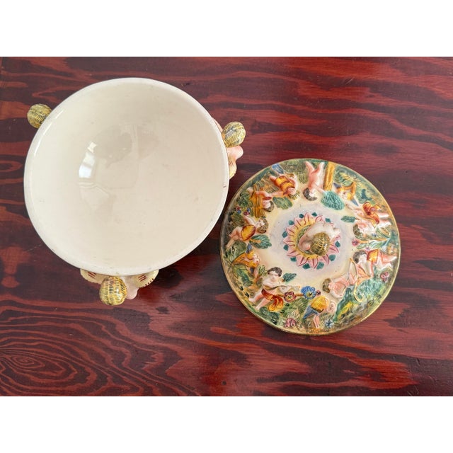 Capodimonte Vintage Italian Capodimonte Porcelain Lidded Dish With Cherubs For Sale - Image 4 of 10