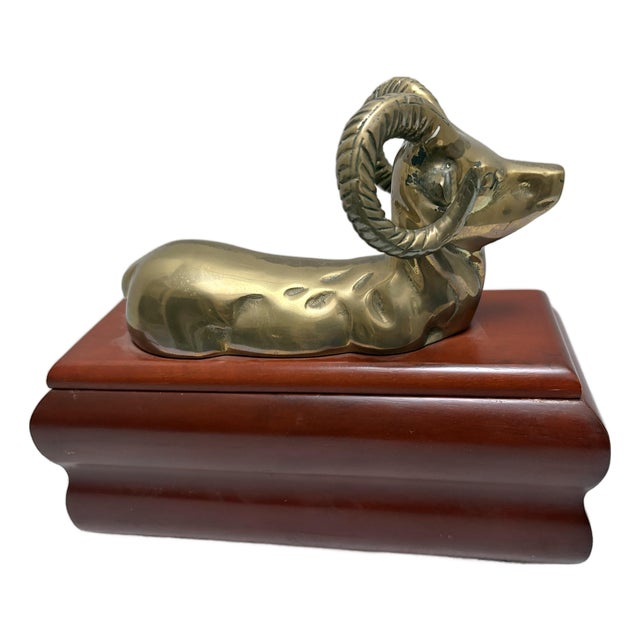Vintage Hollywood Regency Brass Ram Wood Decor Box For Sale
